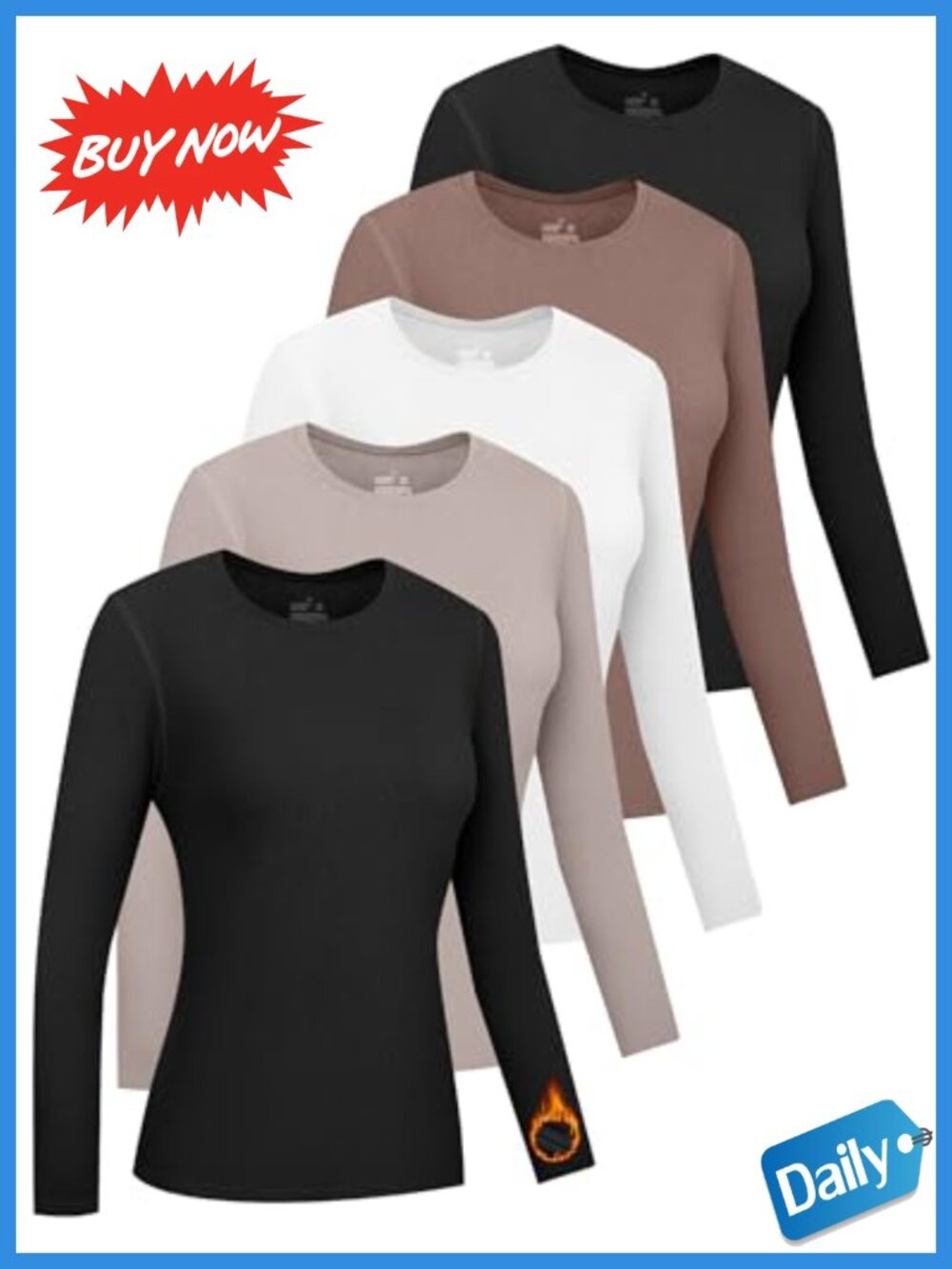 5 Pack Women's Thermal Shirts Fleece Lined Long Sleeve Crew Neck